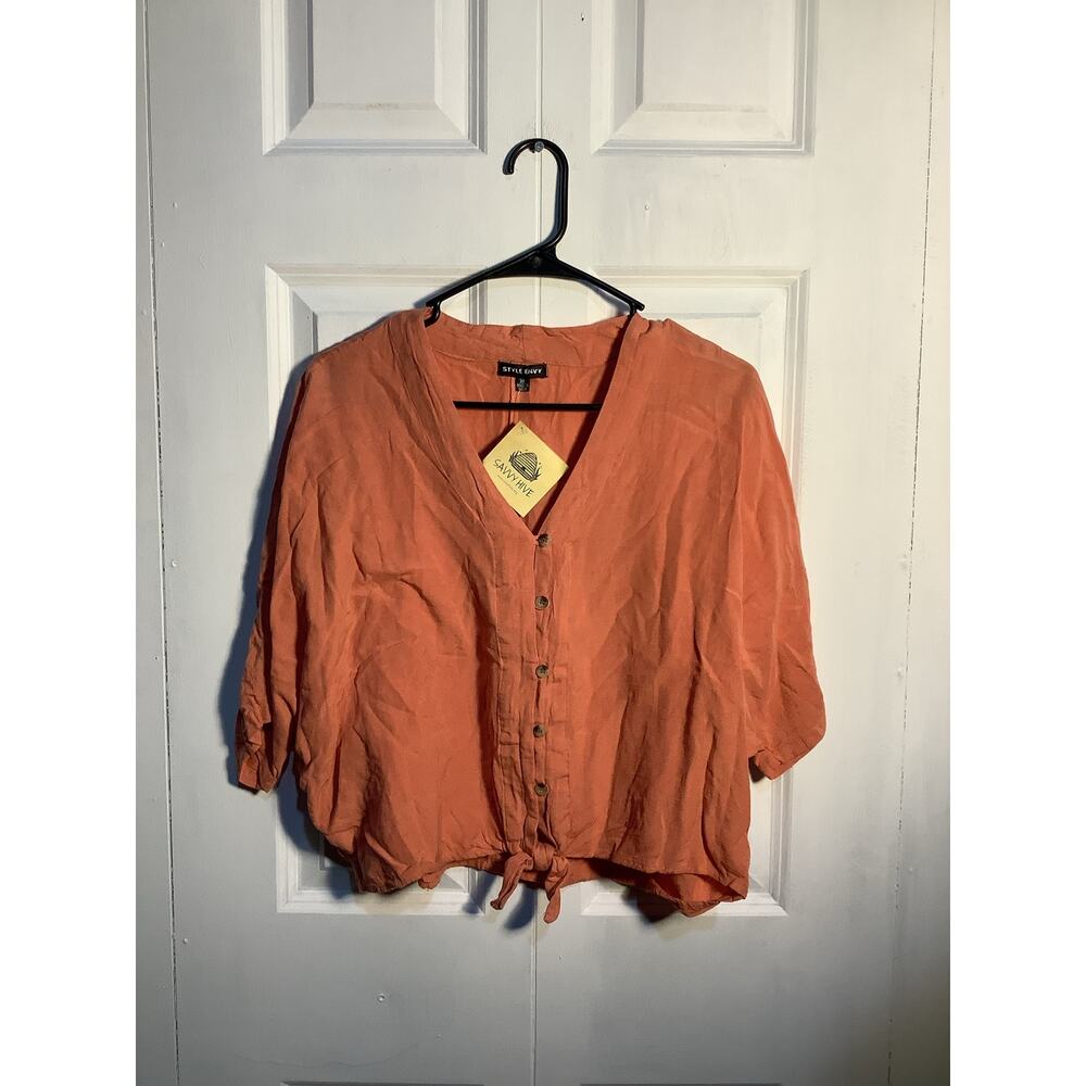 Style Envy Cropped Coral Blouse with Tie Front